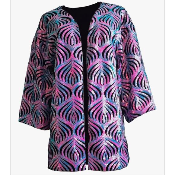 rave Jackets & Blazers - RAVE Sequin Kimono Jacket – Multicolor Peacock Feather Pattern